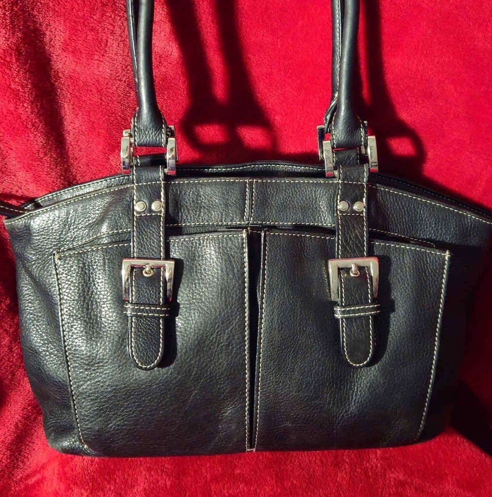 Tignanello Black Leather Shoulder Bag with Buckle Accents & White Stitching